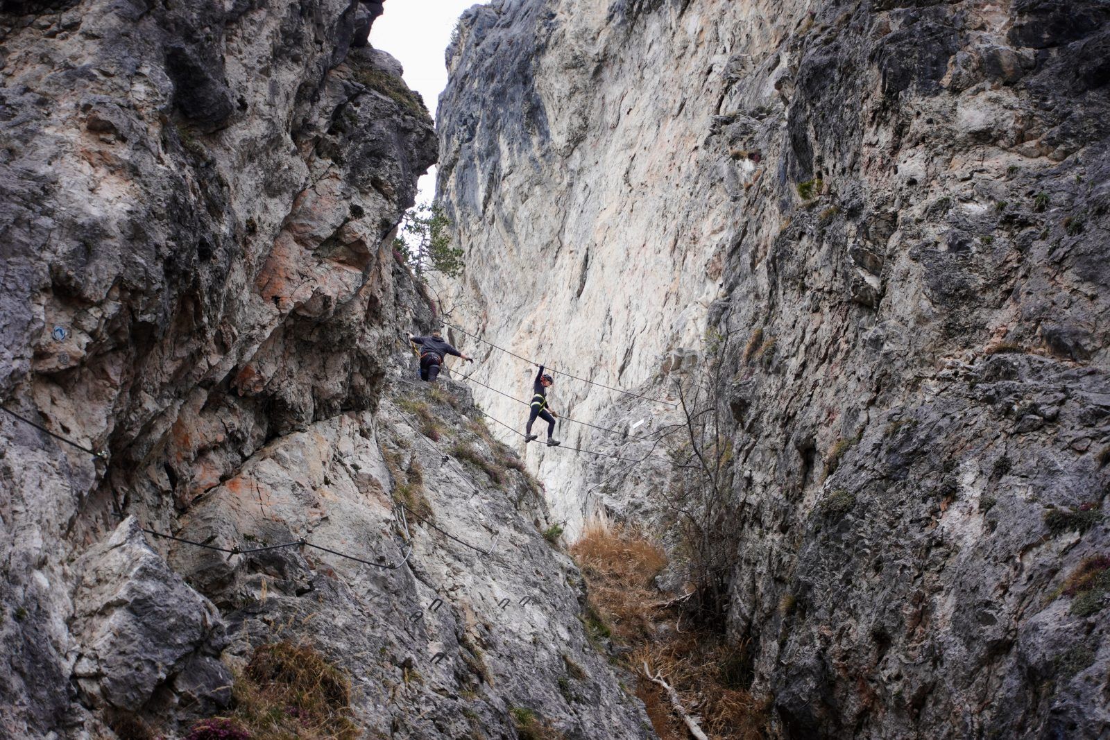 Rope bridge with a view of the Inn Valley on the Geierwand Via Ferrata