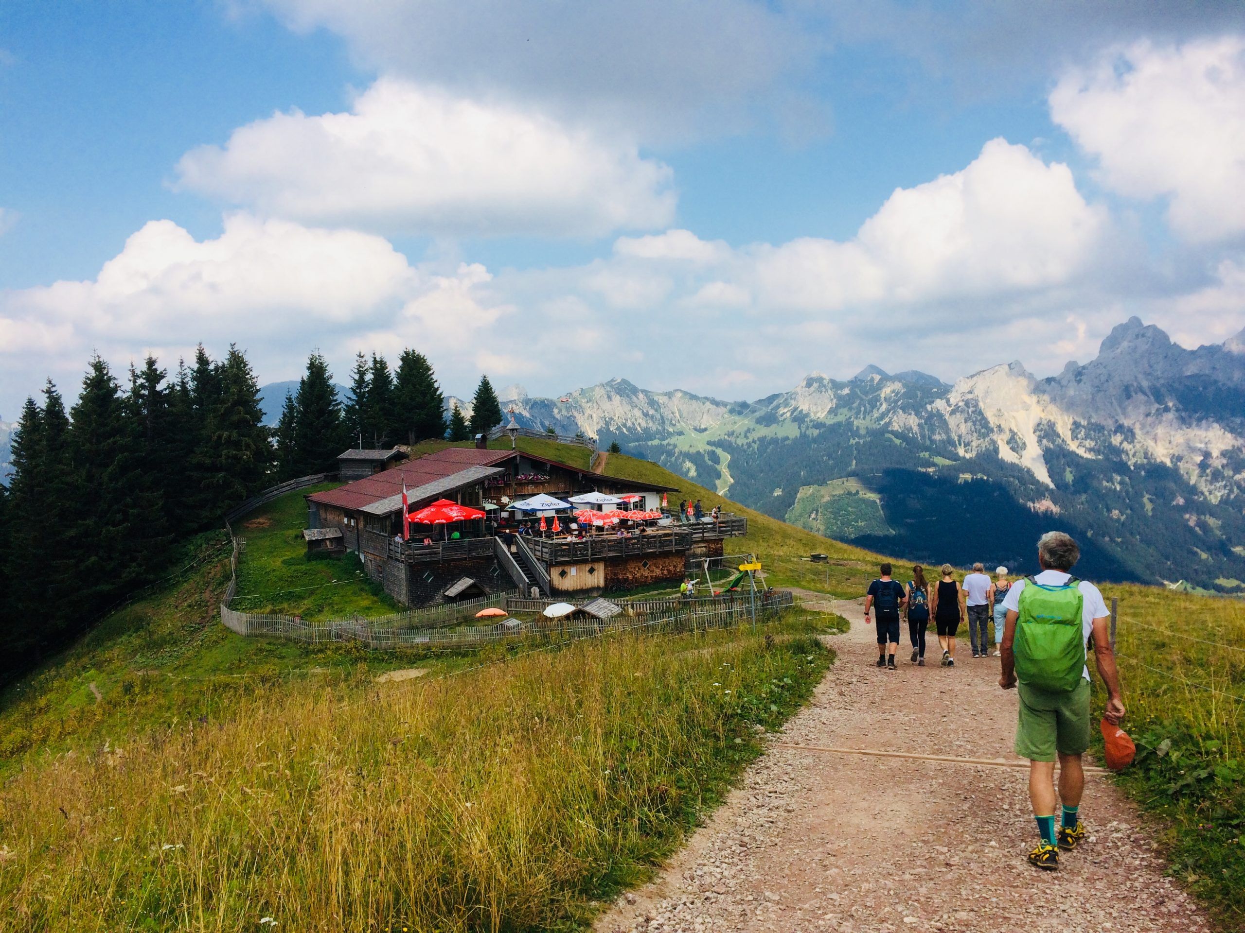 The Gundhütte’s sun terrace in the Tannheim Valley with panoramic views