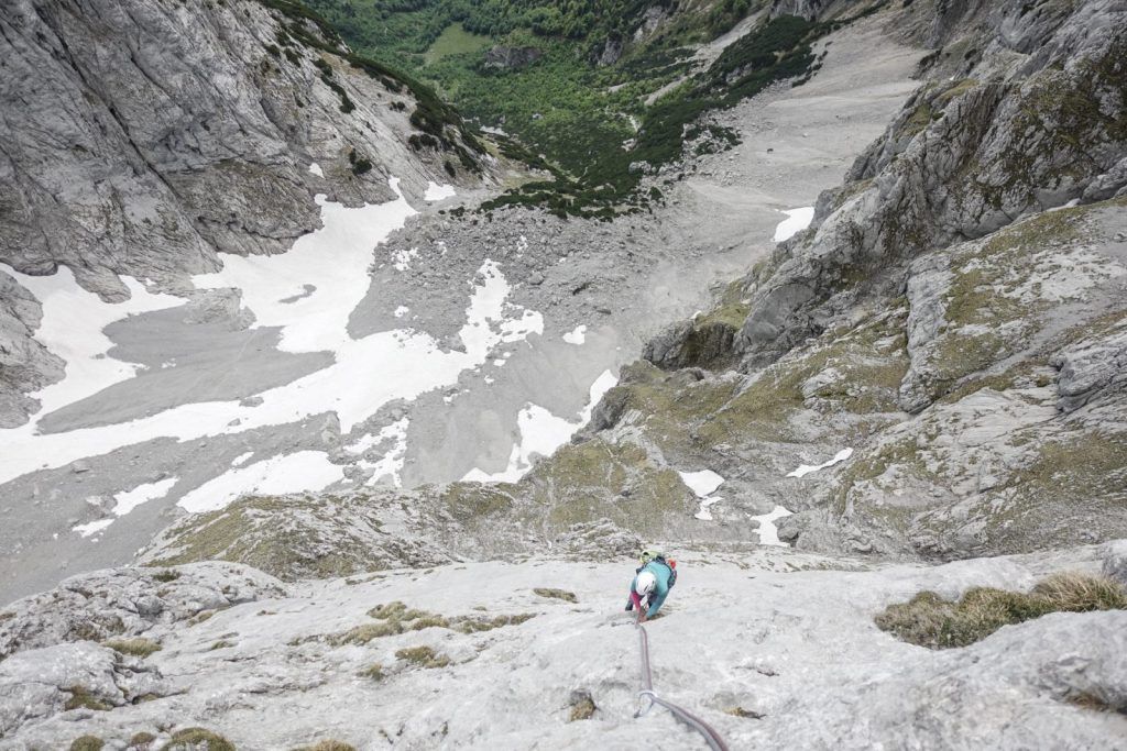 Climbers on the slabby crux pitch of the HaZo Fantastica route at Sonneck
