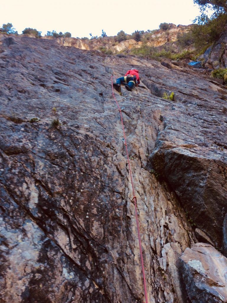 A female climber on the ‘Joshua Tree Classic’ route on the Gailwand in the Kaunertal