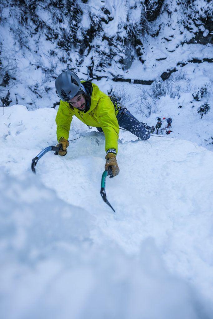 A young man Ice Climbing in the Taschachschlucht Ice World