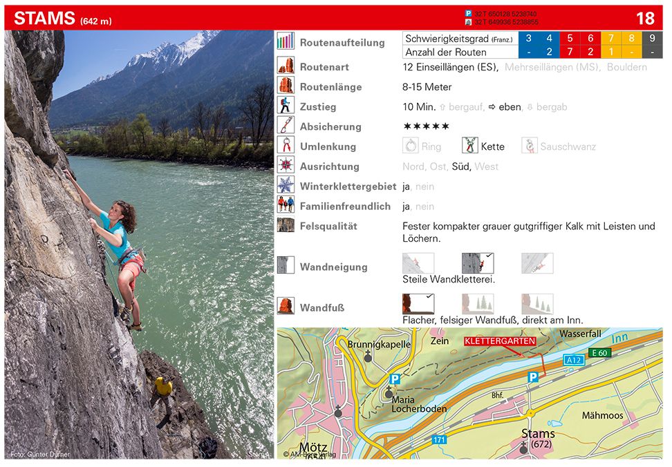 Sample page from a climbing guide featuring a map showing how to get there and a key to symbols