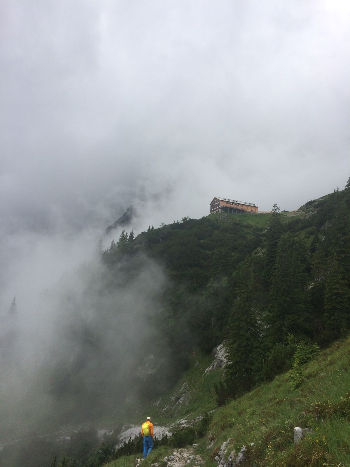 Nebelschwaden über bewaldeten Hängen bei der Gruttenhütte