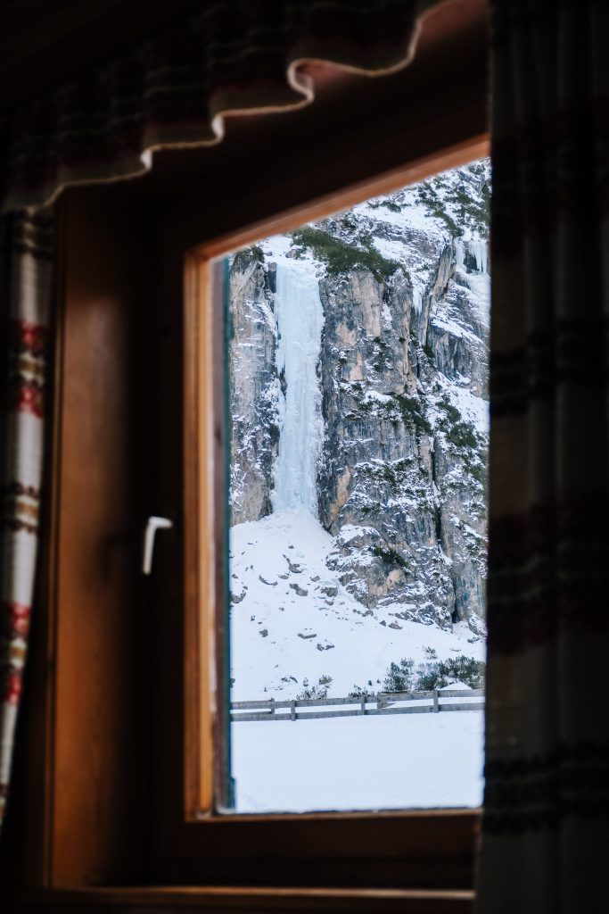 Ice waterfall seen from the window of the Pinnisalm