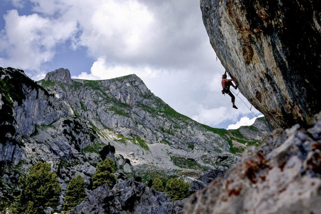 Overhanging limestone rock at the Paradies Rock Climbing Area in the Rofan