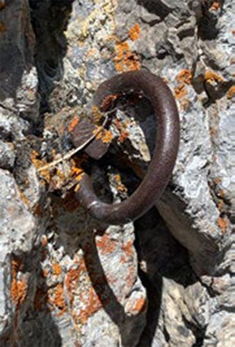 Rusty piton with a ring in lichen-covered rock