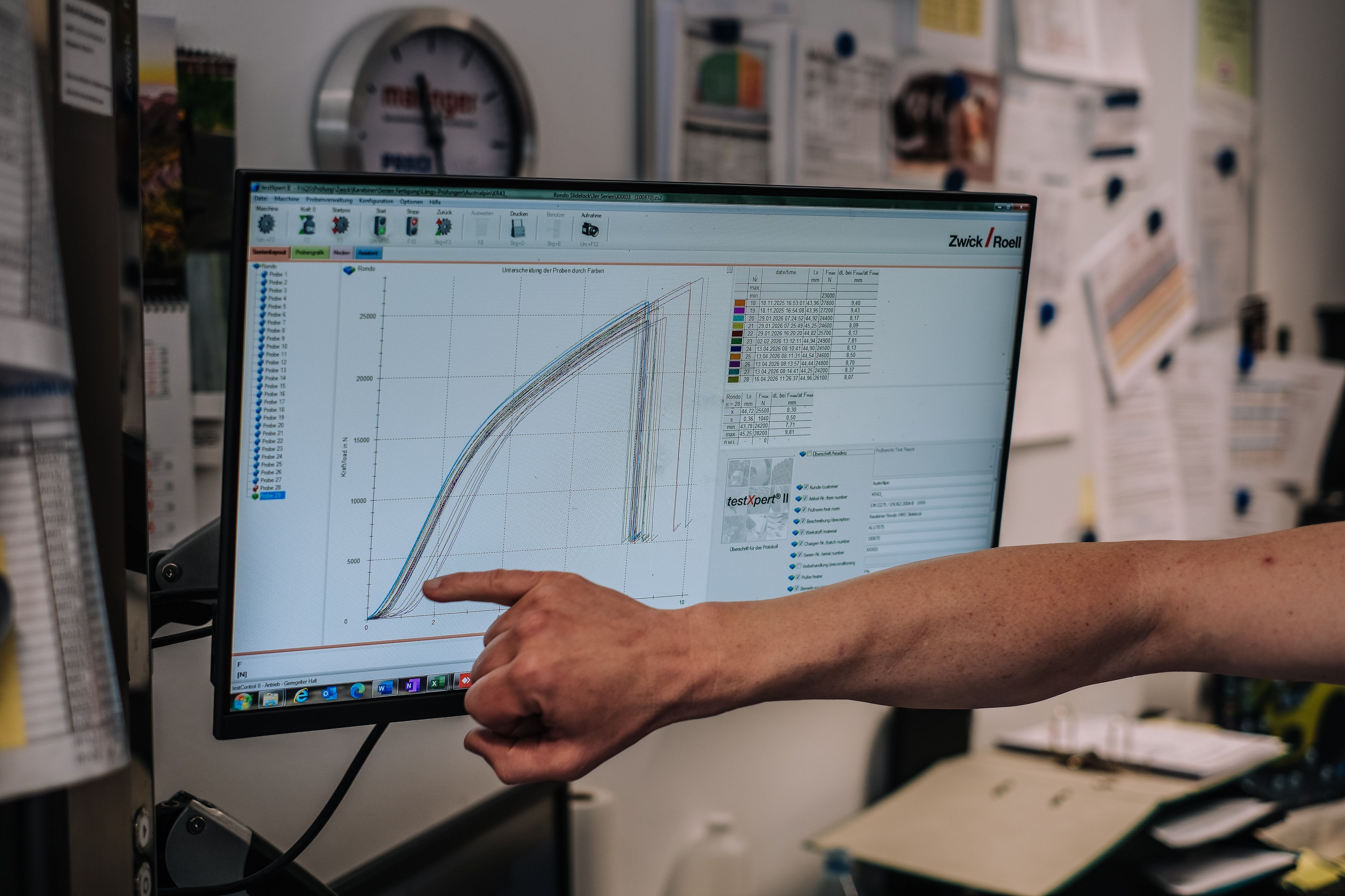 Hand zeigt auf einen Monitor mit einem Messdiagramm
