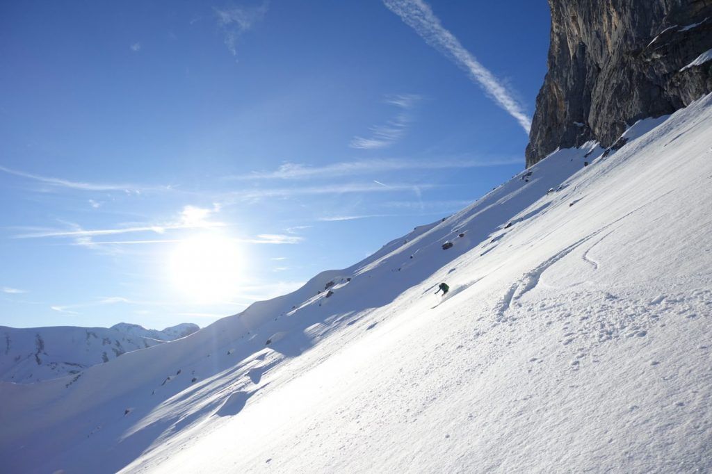 Skiing down after the climb in the Wetterstein Mountains