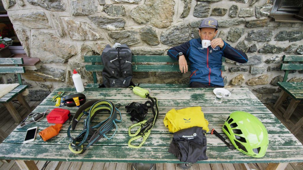 Via ferrata equipment laid out in front of the start