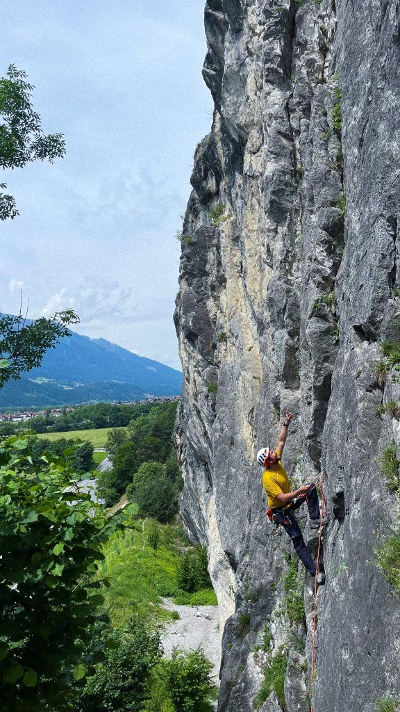A female climber in action on the Martinswand.
