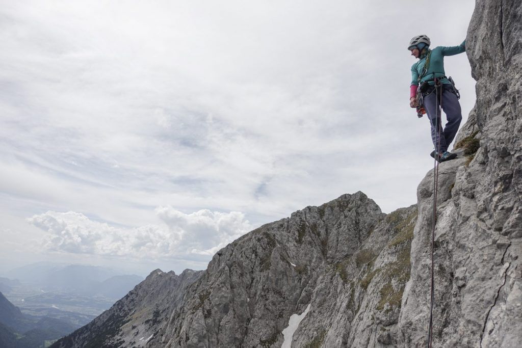 Climbers on the upper exit pitches at Sonneck